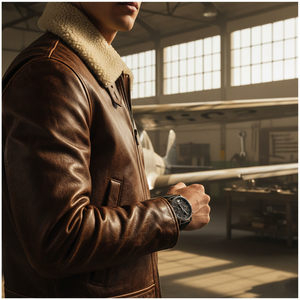 Man wearing Emporio Armani AR11143 Aviator watch with vintage leather jacket