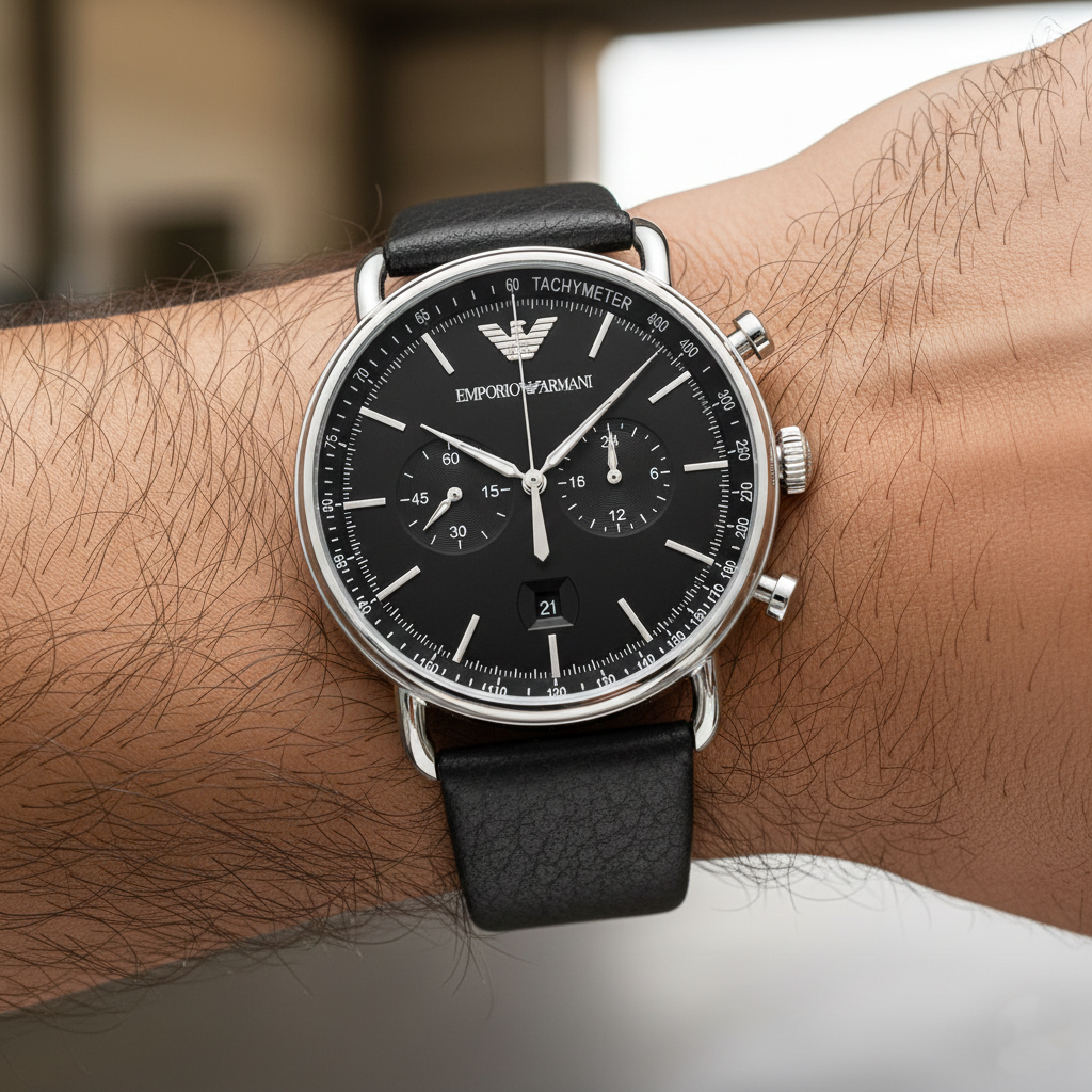 Extreme wrist macro of Armani AR11143 showing black dial and leather strap details
