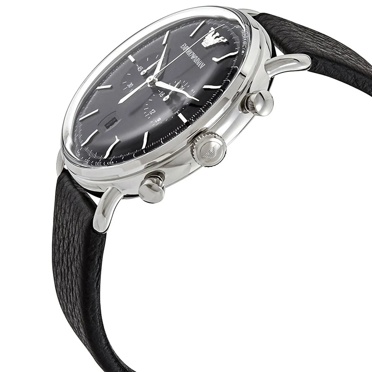 Side view of Emporio Armani AR11143 showing silver crown and pushers
