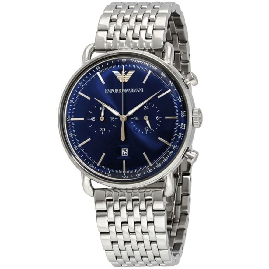Professional man wearing Emporio Armani AR11238 with navy blazer and silver signet ring