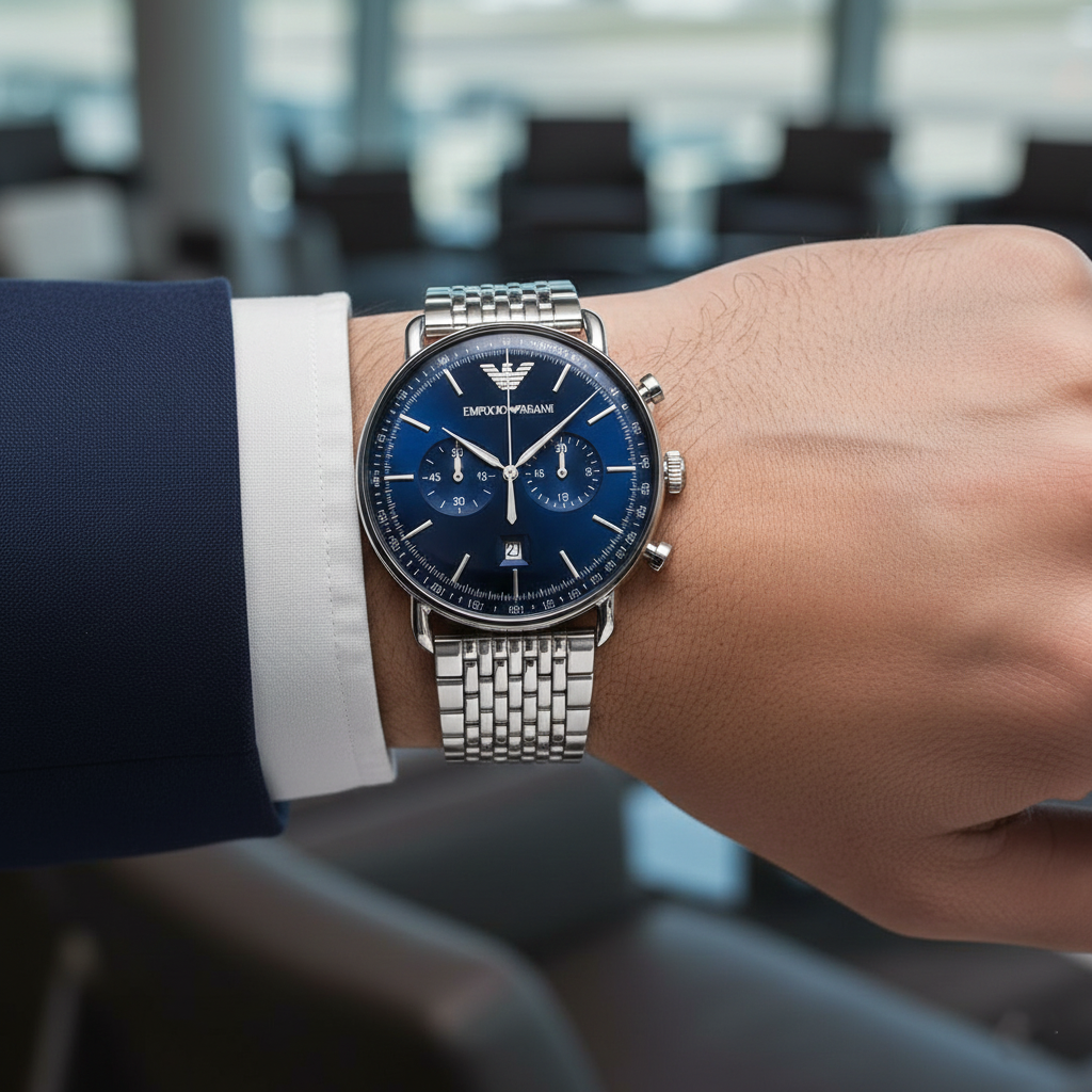 Detailed wrist macro of Armani AR11238 blue dial and silver indices with suit cuff