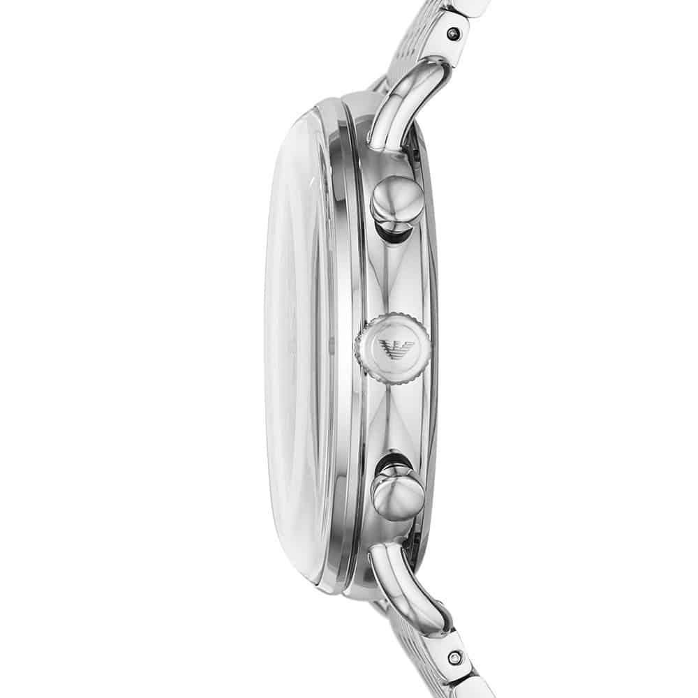 Side view of Emporio Armani AR11238 showing silver crown and chronograph pushers