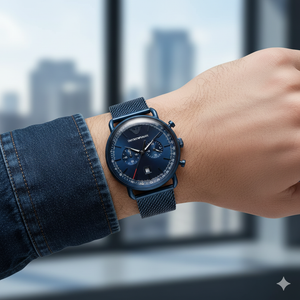 Stylish man wearing Emporio Armani AR11289 all-blue watch with navy blazer