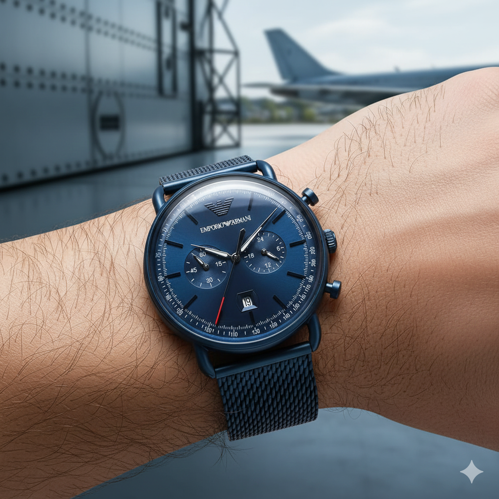 Close up of Armani AR11289 showing blue chronograph dial and mesh strap texture