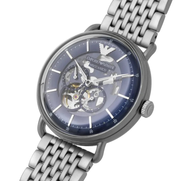 Angled shot of the Emporio Armani AR60024 showing the depth of the blue skeleton dial design