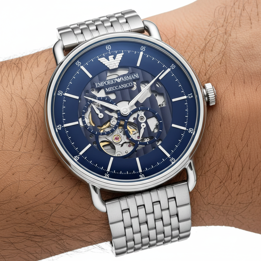 Close up of the AR60024 blue skeleton dial showing the mechanical movement gears and silver eagle logo
