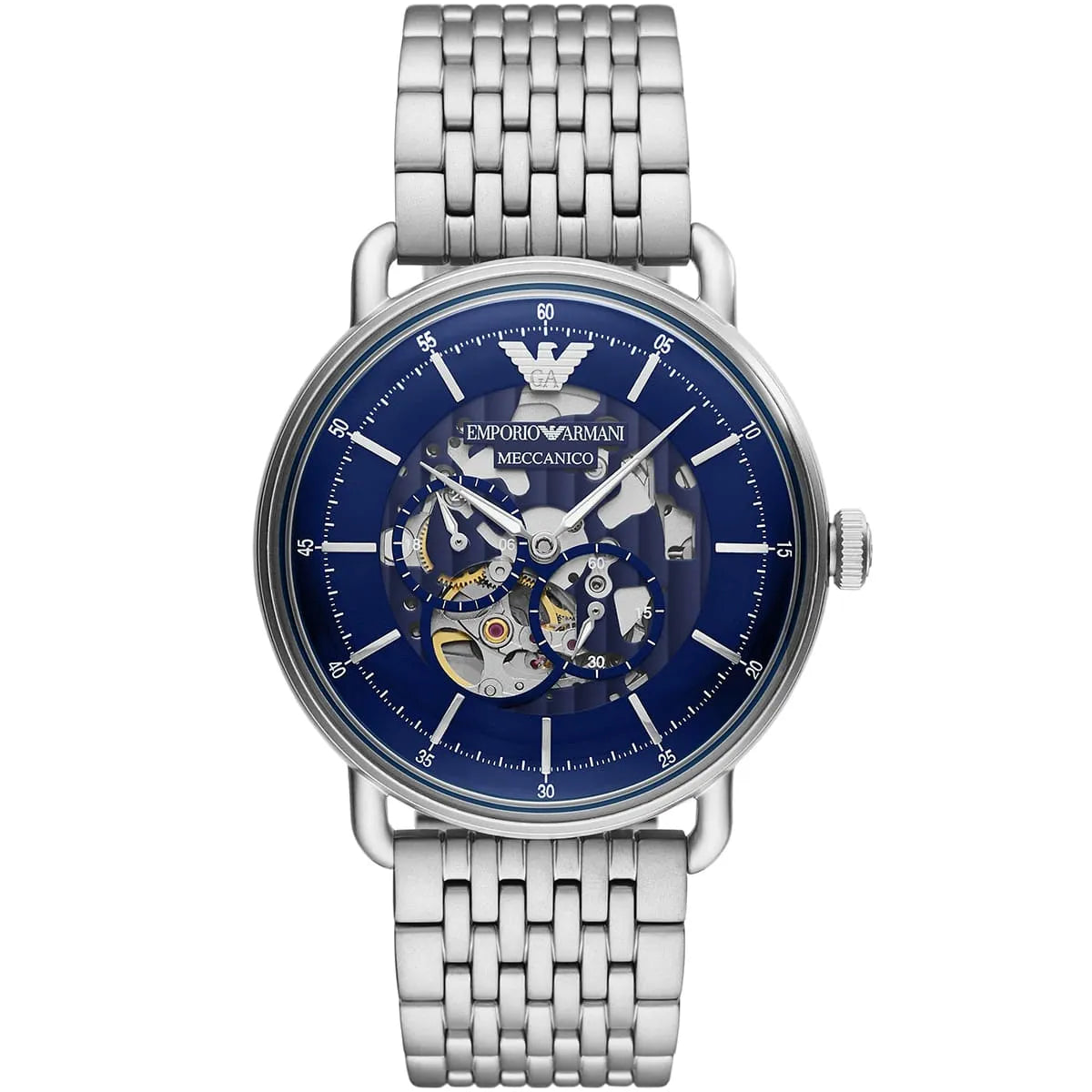 Emporio Armani Aviator AR60024 men's automatic skeleton watch with blue dial and silver mesh bracelet