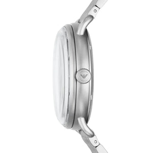 Side profile of the polished silver-tone case and crown on the Armani Aviator AR60024
