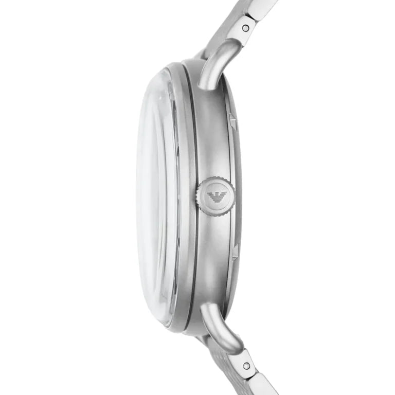 Side profile of the polished silver-tone case and crown on the Armani Aviator AR60024