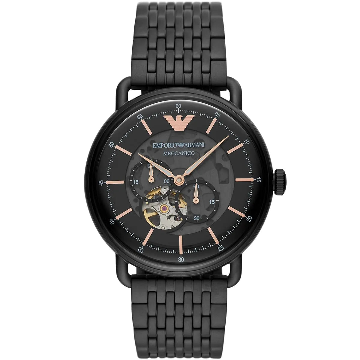 Emporio Armani Aviator AR60025 men's automatic open-heart watch in black with rose gold accents