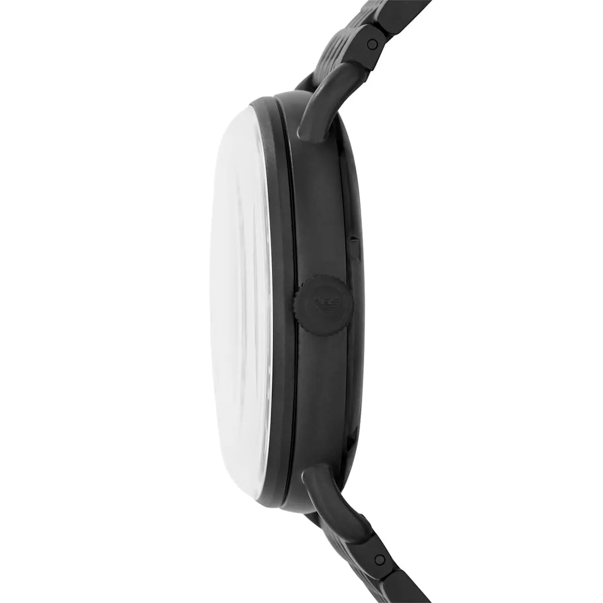 Side profile of the matte black ion-plated case and crown on the Armani Aviator AR60025