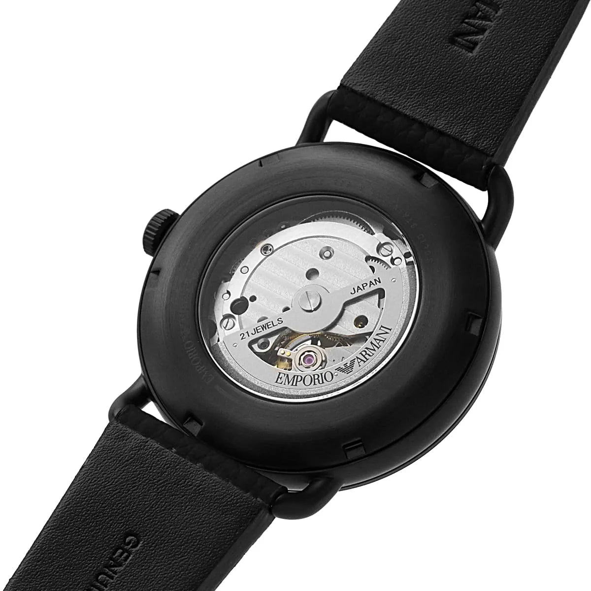 Exhibition case back of the Armani AR60028 showing the self-winding mechanical engine rotor