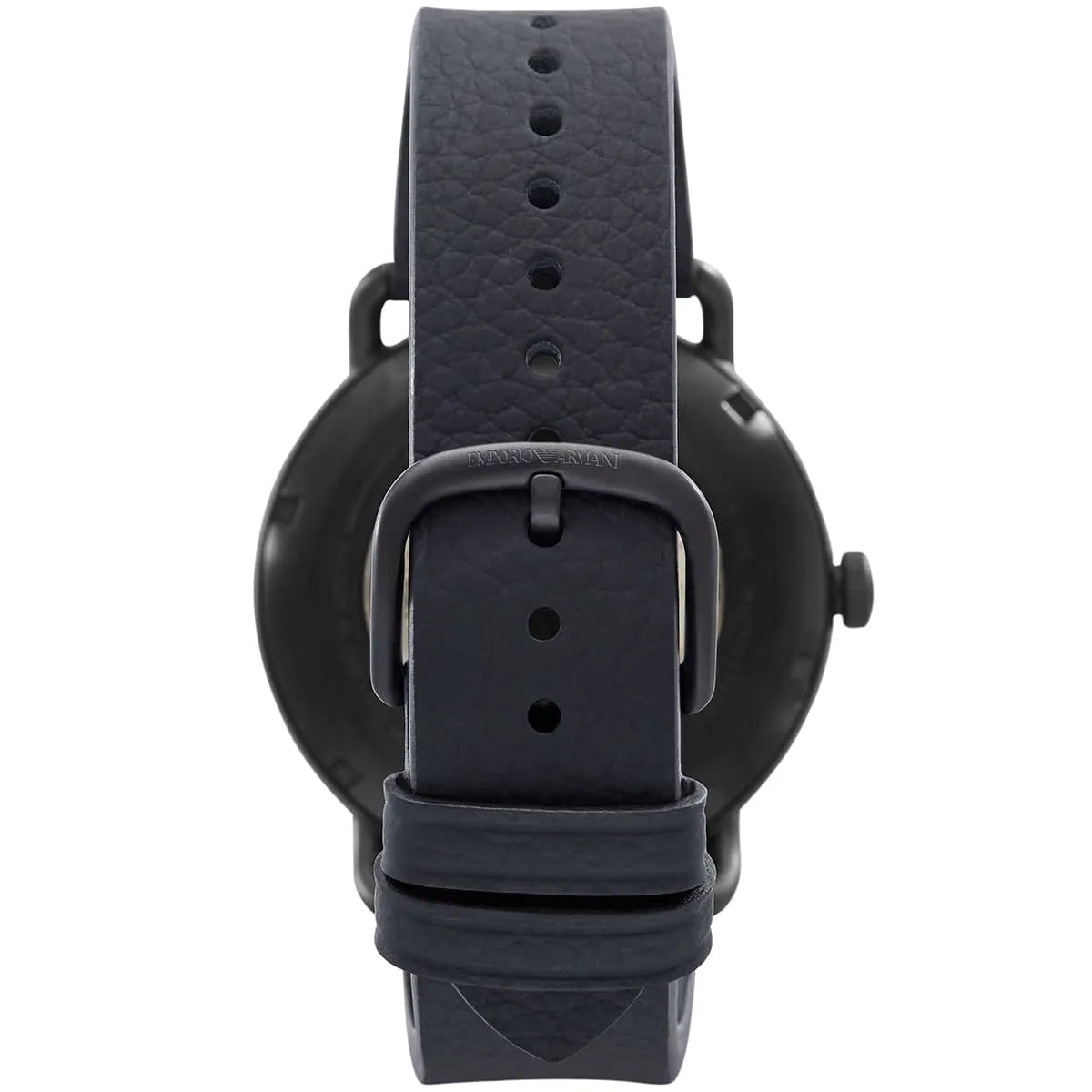 Black stainless steel pin buckle with engraved Armani eagle logo on the leather strap of the AR60028