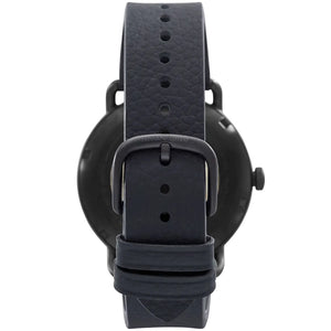Black stainless steel pin buckle with engraved Armani eagle logo on the leather strap of the AR60028