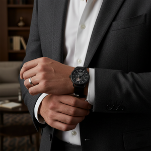 Extreme close-up of the high-quality genuine leather grain on the Armani AR60028 strap