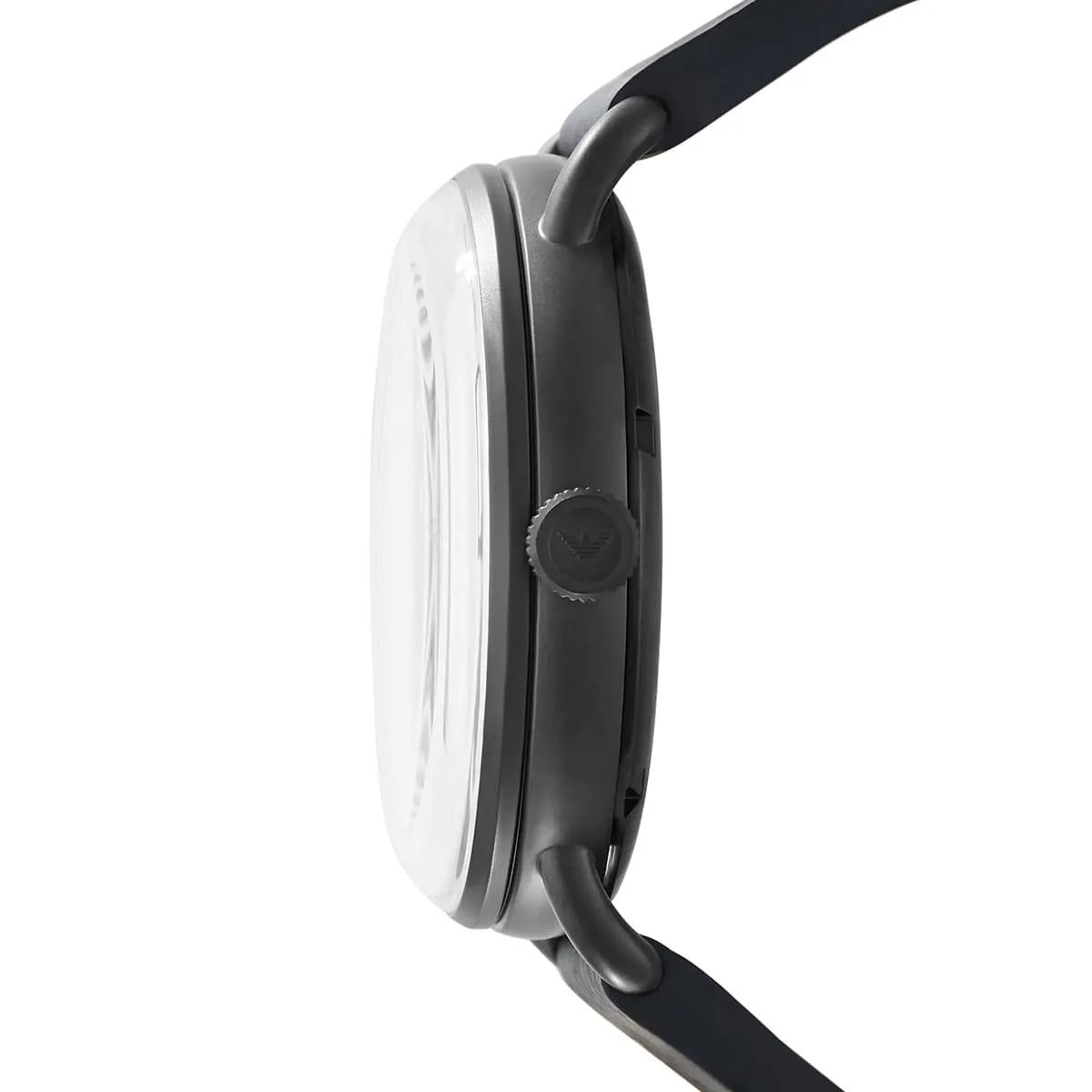 Side profile of the matte black ion-plated case and textured crown on the Armani Aviator AR60028