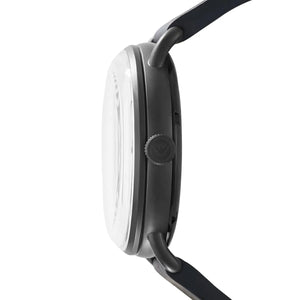 Side profile of the matte black ion-plated case and textured crown on the Armani Aviator AR60028