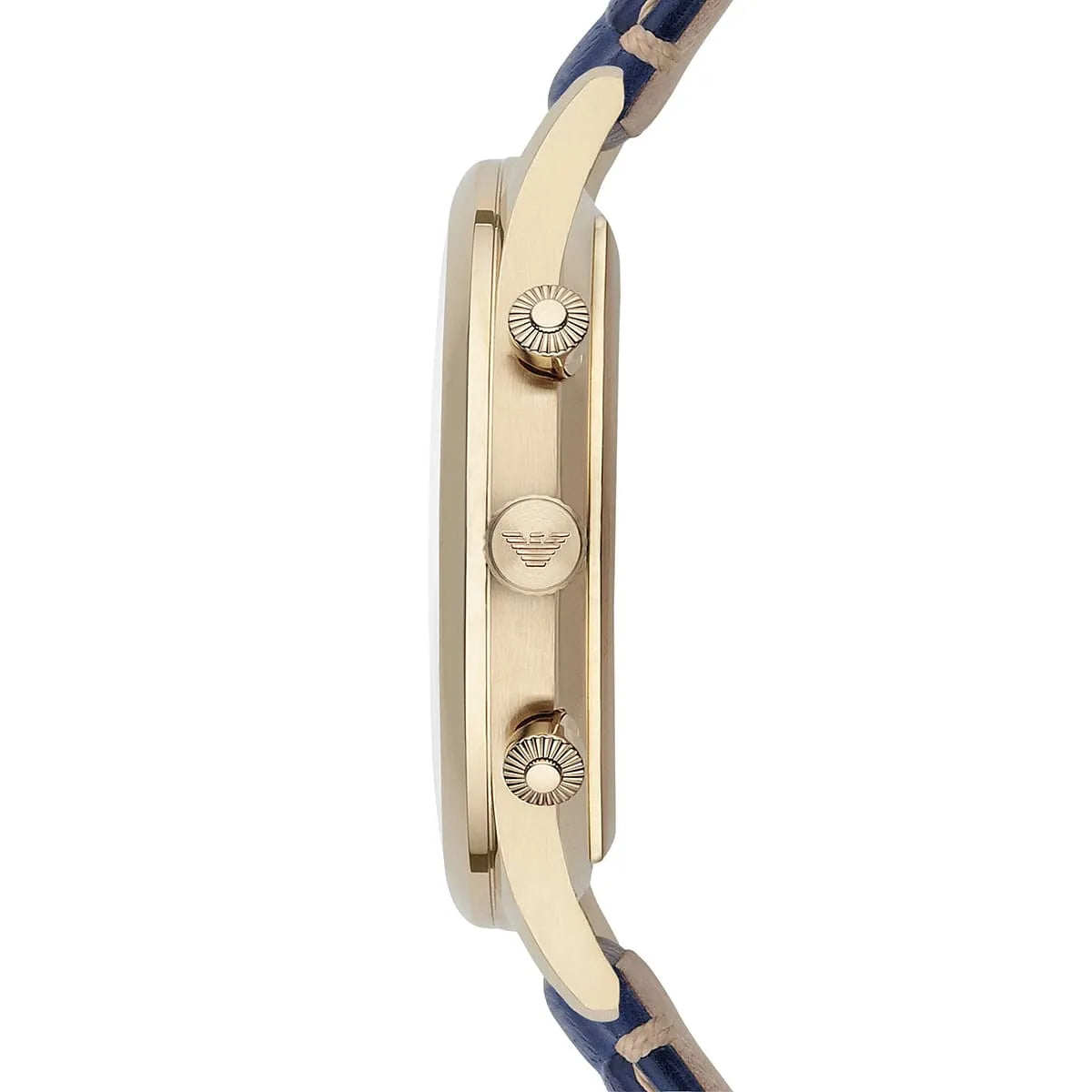 Side view of Emporio Armani AR1862 showing gold-tone crown and chronograph pushers