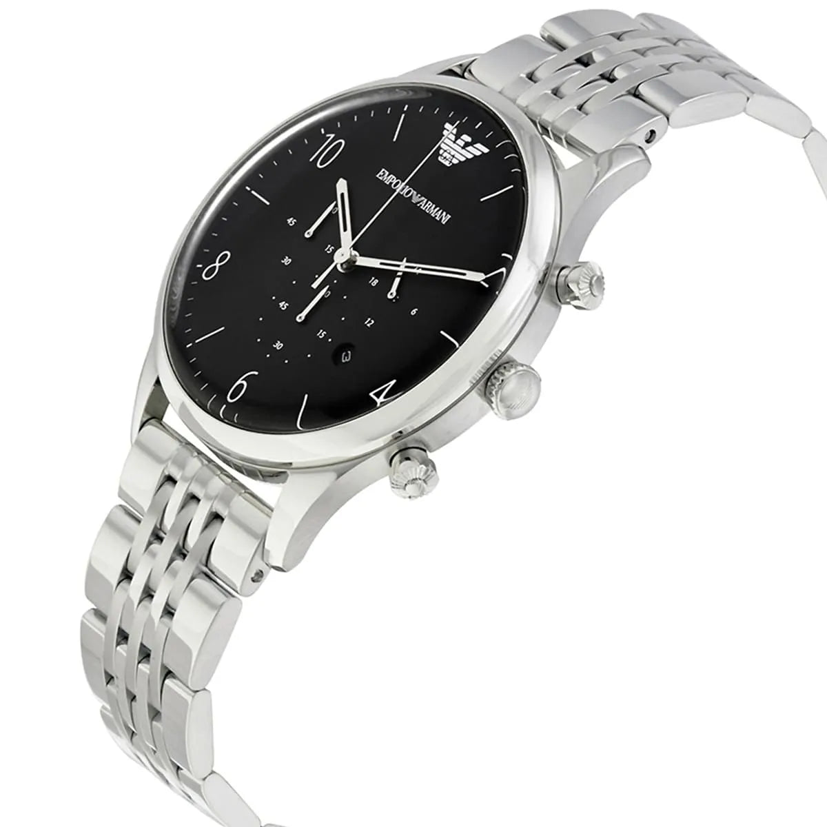 Close-up shot of Emporio Armani AR1863 black dial with silver Arabic numerals