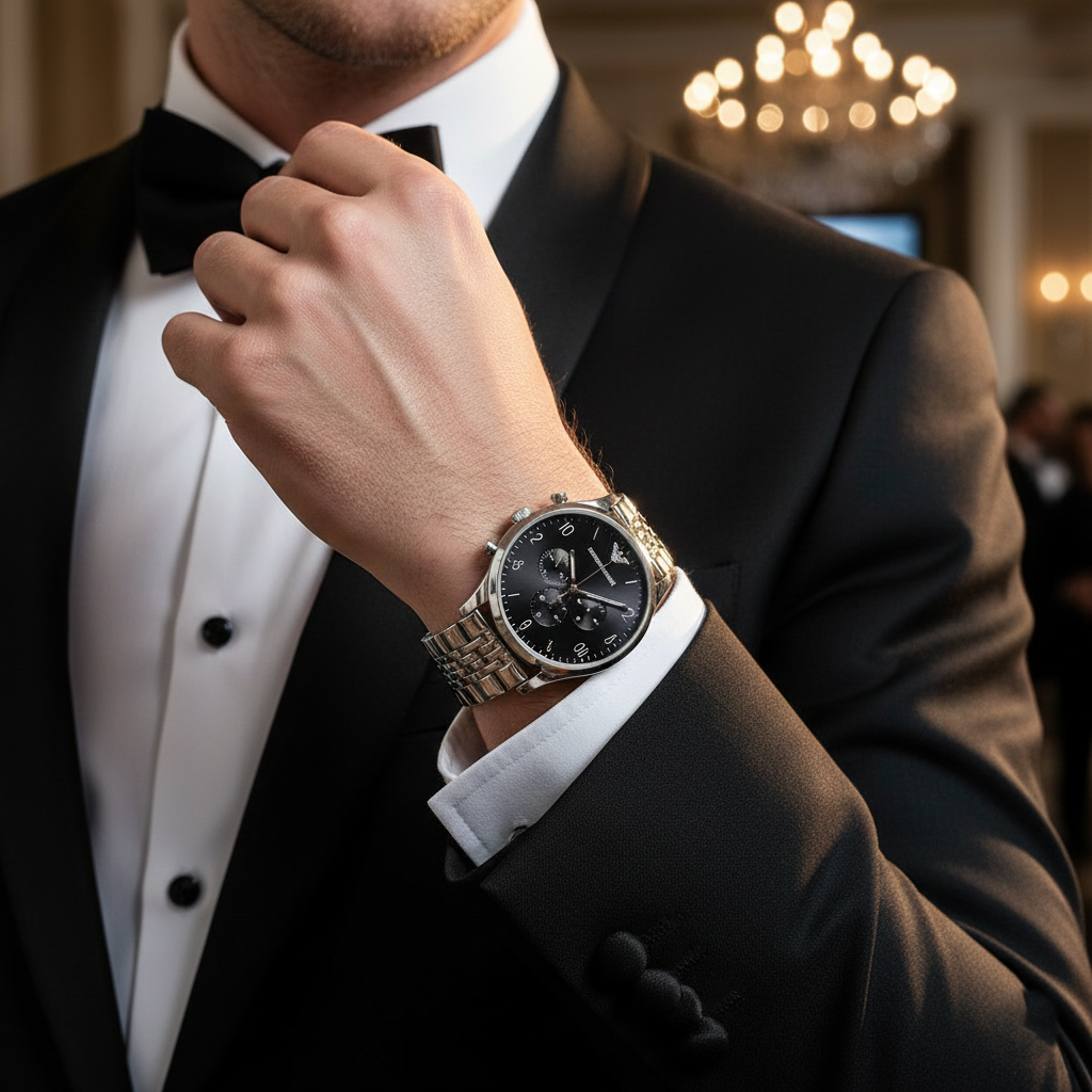 Formal gentleman wearing Emporio Armani AR1863 complex bracelet watch with tuxedo
