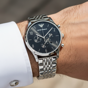 Extreme wrist macro of Armani AR1863 showing intricate 7-link silver bracelet