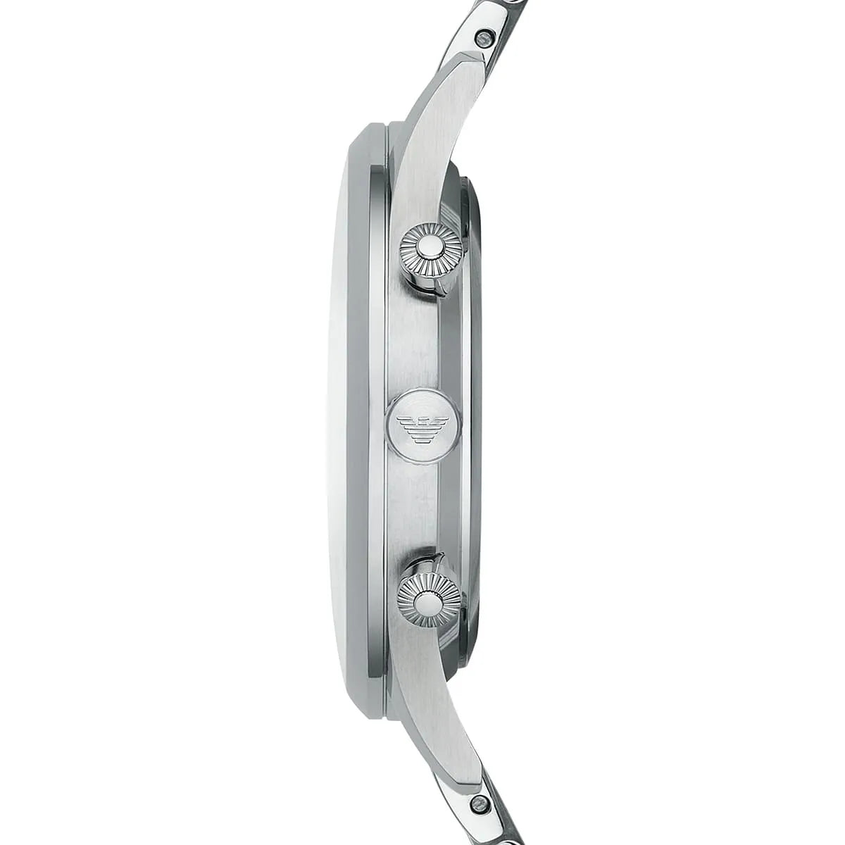 Side view of Emporio Armani AR1863 showing silver case and chronograph pushers