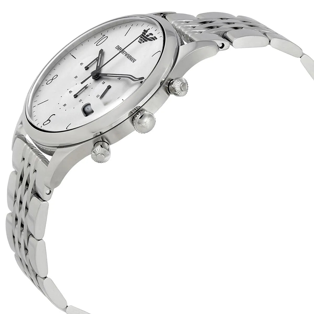 Angled front view of Emporio Armani AR1879 showing bracelet flexibility and white dial