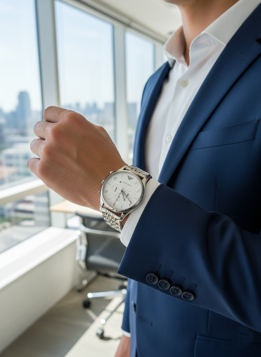 Sharp professional wearing Emporio Armani AR1879 white watch with navy suit