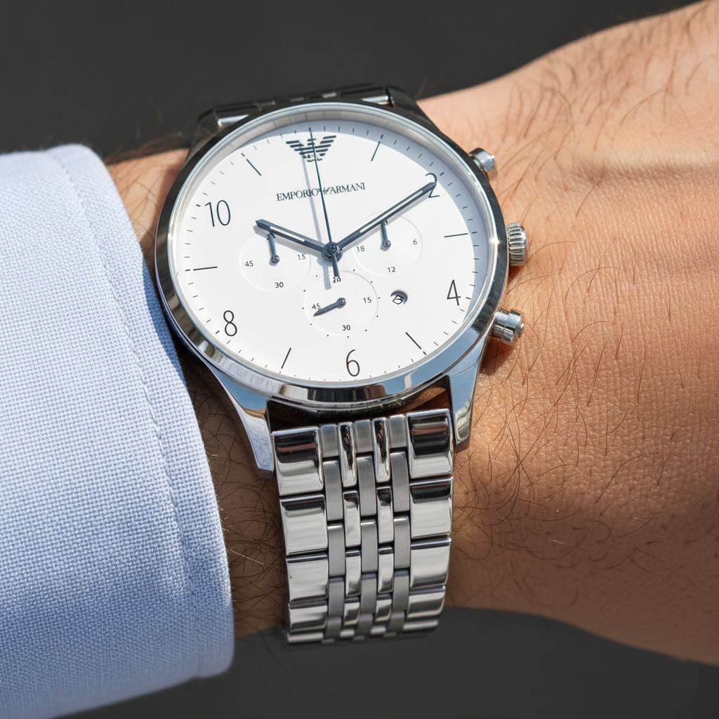 Extreme wrist macro of Armani AR1879 showing intricate bracelet and white dial details