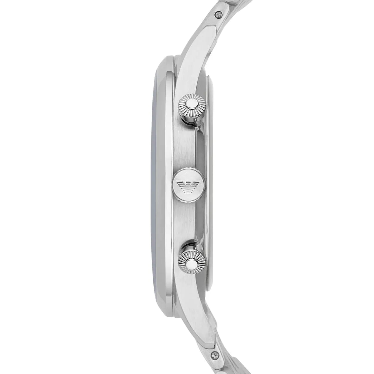 Side view of Emporio Armani AR1879 showing silver case and chronograph pushers