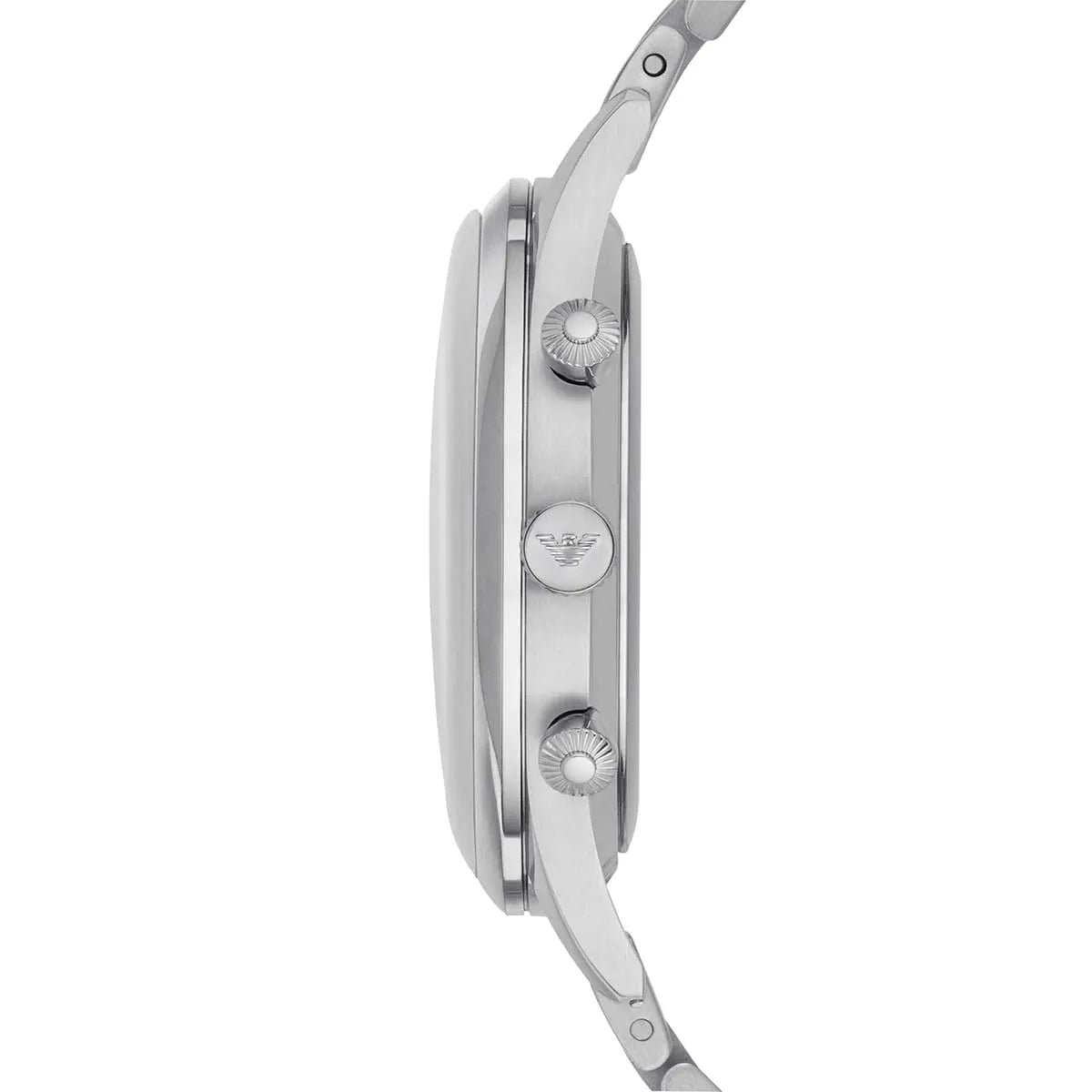 Side view of Emporio Armani AR1942 showing silver case and chronograph pushers