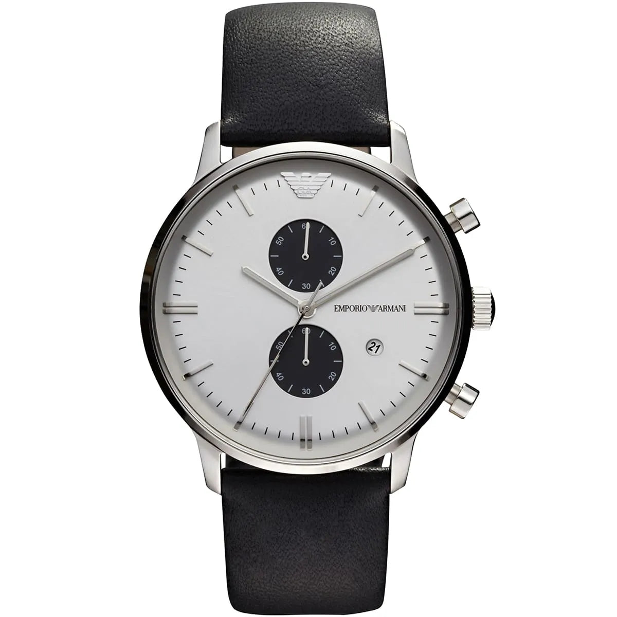 Emporio Armani Classic AR0385 men's watch white dial with black sub-dials and leather strap