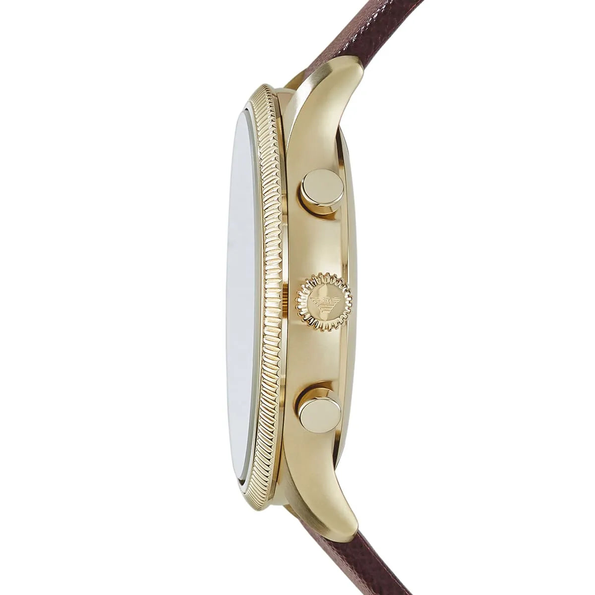 Angled shot of Emporio Armani AR1793 showing depth of brown textured dial