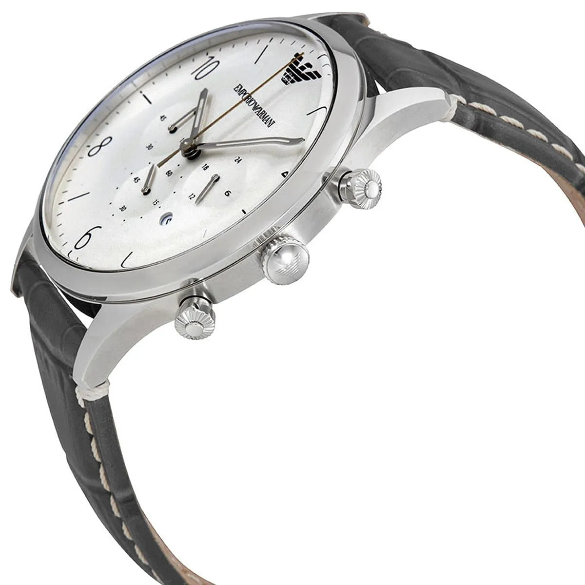 Angled front view of Emporio Armani AR1861 showing silver bezel and white dial