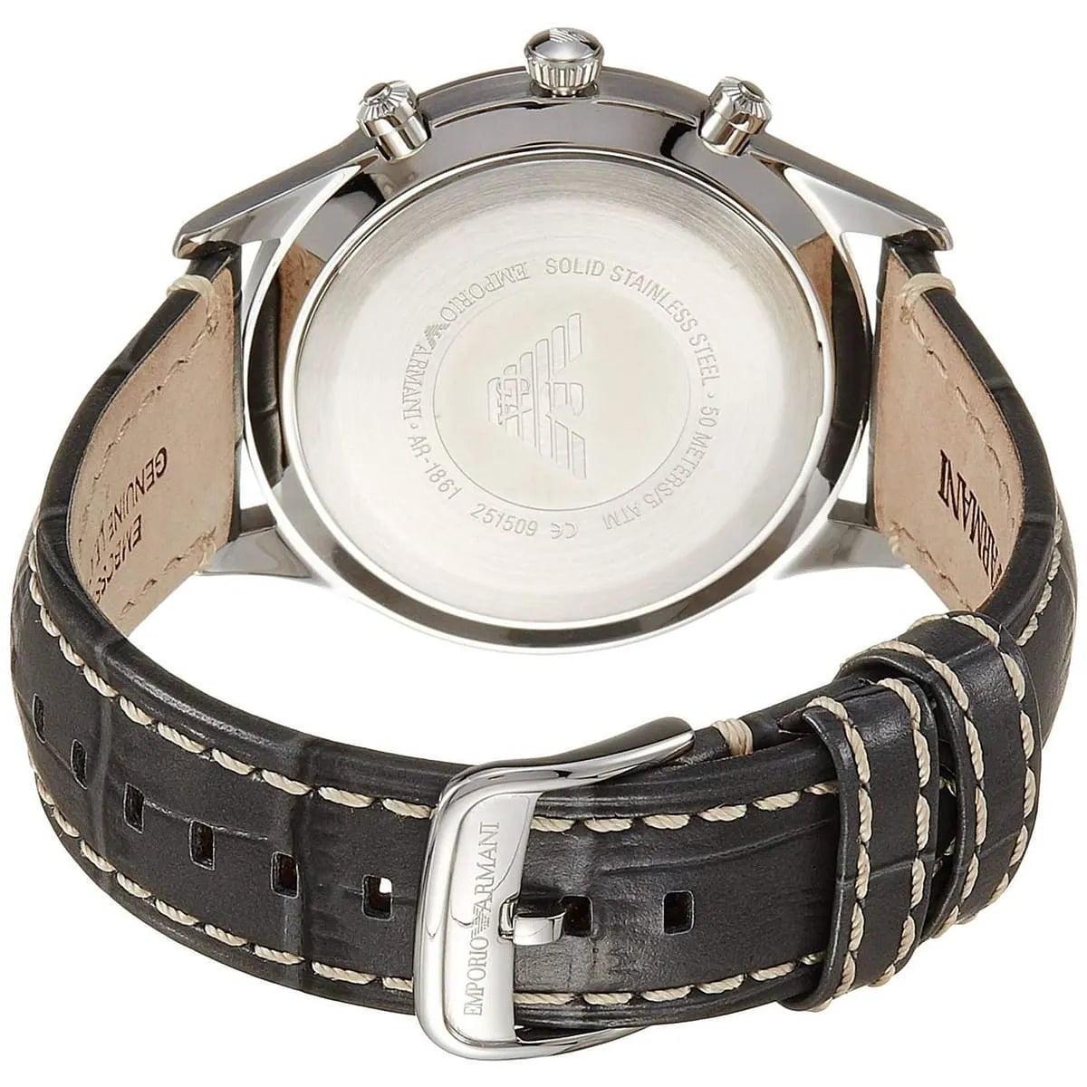Detailed view of grey alligator-style genuine leather strap with buckle for AR1861