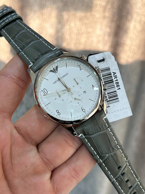 Emporio Armani AR1861 on wrist showing the clean white and grey contrast