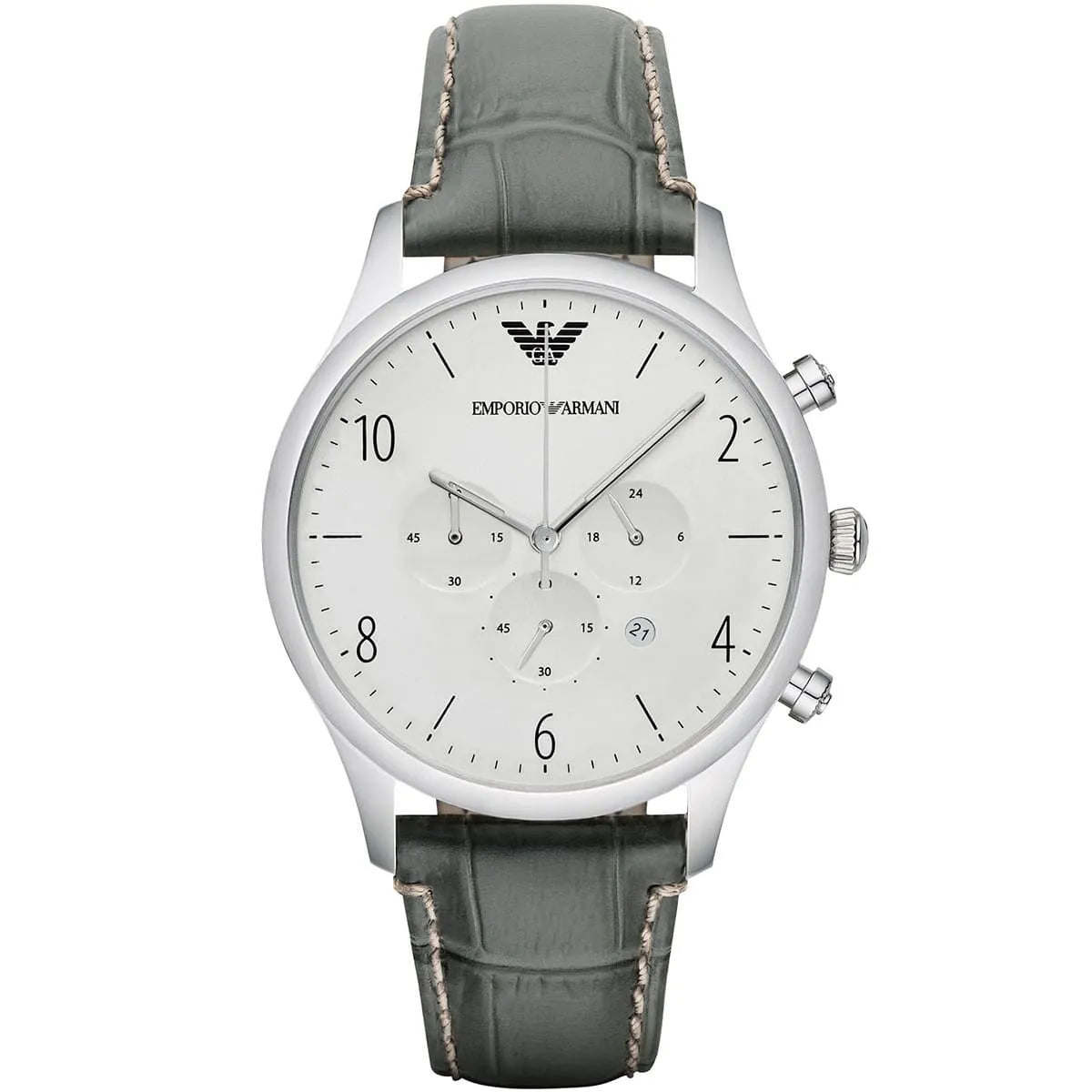 Emporio Armani AR1861 Men's Watch White Dial Silver Case Grey Leather Strap