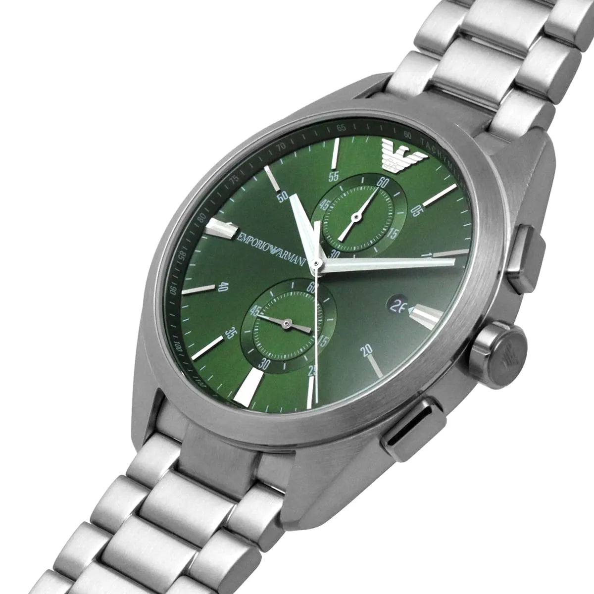Close-up shot of Emporio Armani AR11480 green dial with silver sub-dials