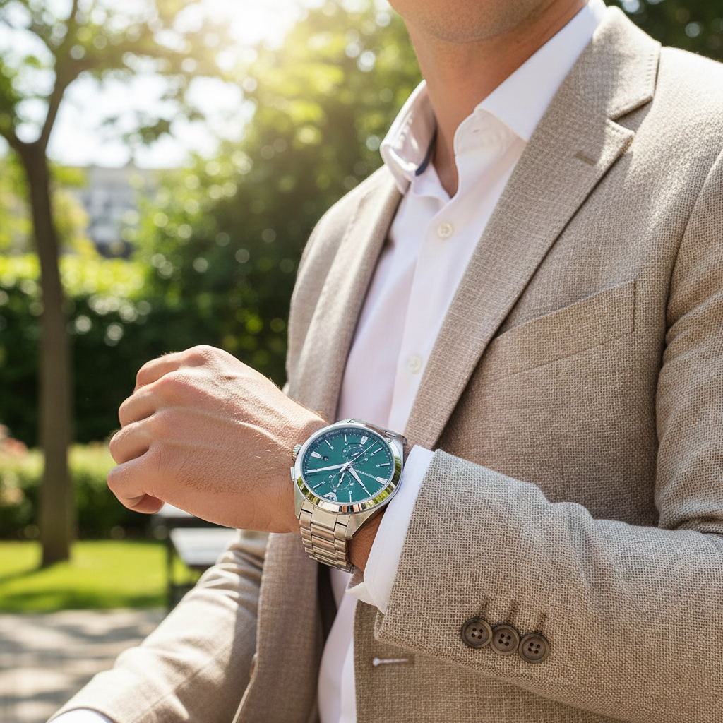 Stylish man wearing Emporio Armani AR11480 green dial watch with beige blazer