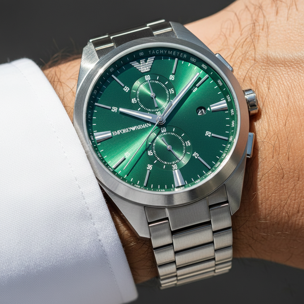 Extreme wrist macro of Armani AR11480 showing green sunray dial and tachymeter flange