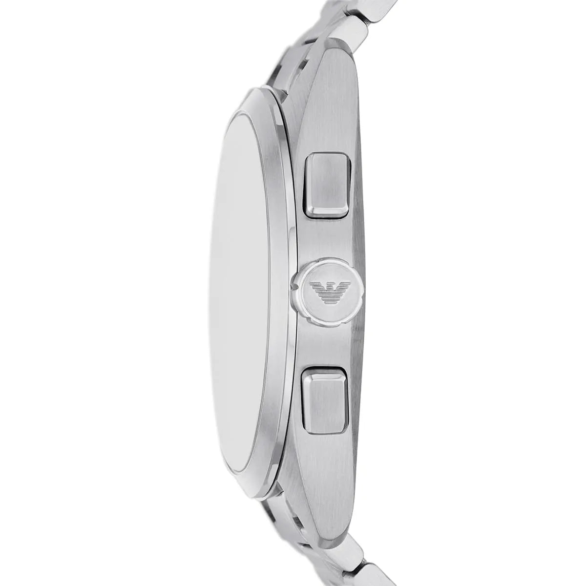 Side view of Emporio Armani AR11480 showing silver crown and pushers
