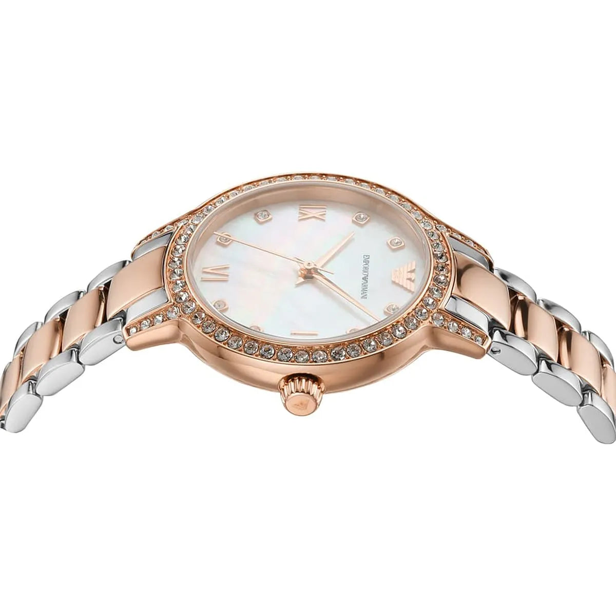 Angled view of the Armani AR11499 showing the iridescent pearl dial and two-tone finish