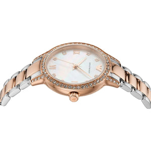 Angled view of the Armani AR11499 showing the iridescent pearl dial and two-tone finish