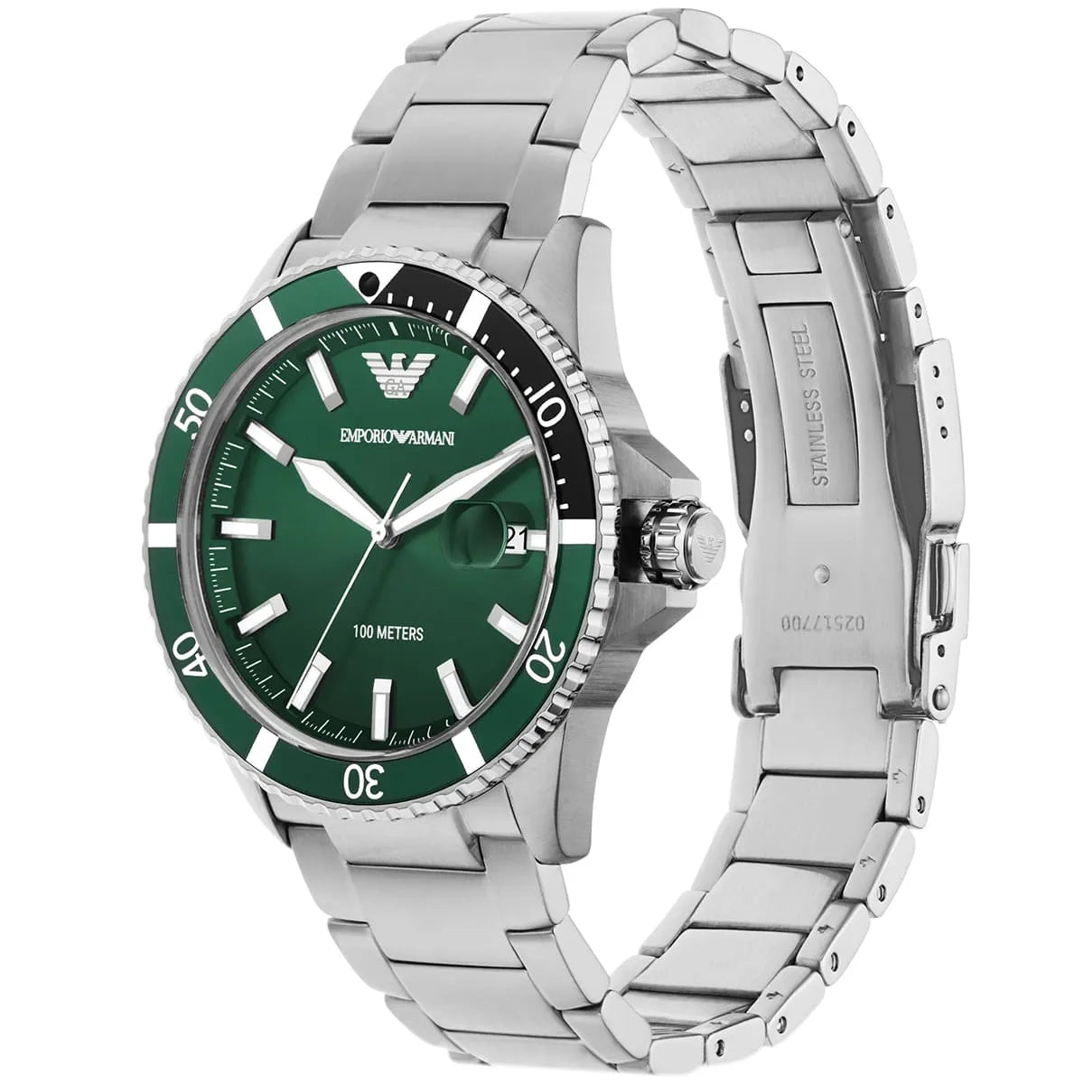 Angled front view of Emporio Armani AR11338 showing the rotating green diver bezel