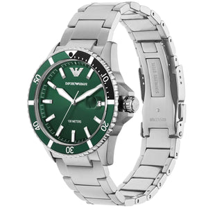 Angled front view of Emporio Armani AR11338 showing the rotating green diver bezel