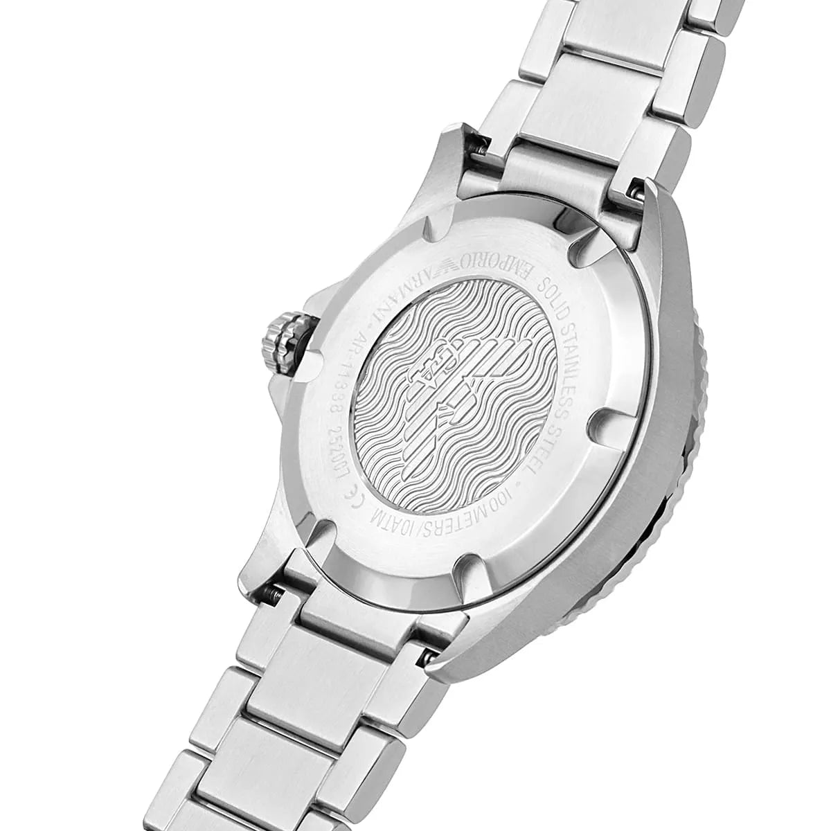 Back case of Emporio Armani AR11338 with 100 meters water resistance and eagle logo