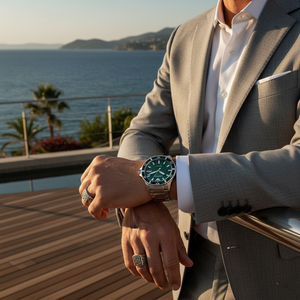 Professional man wearing Emporio Armani AR11338 with light grey suit and silver ring