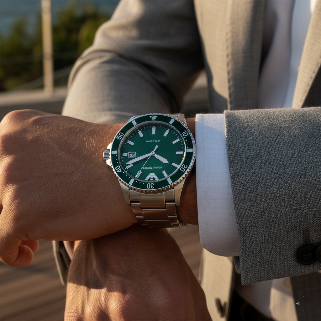 Extreme wrist macro of Armani AR11338 green dial and magnified date window with suit cuff