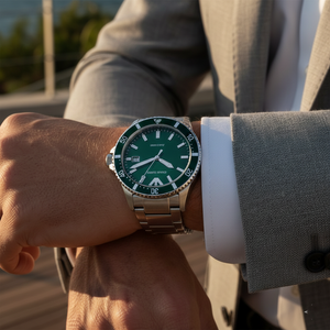 Extreme wrist macro of Armani AR11338 green dial and magnified date window with suit cuff