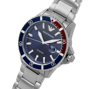 Close-up shot of Emporio Armani AR11339 blue sunray dial and luminous hands